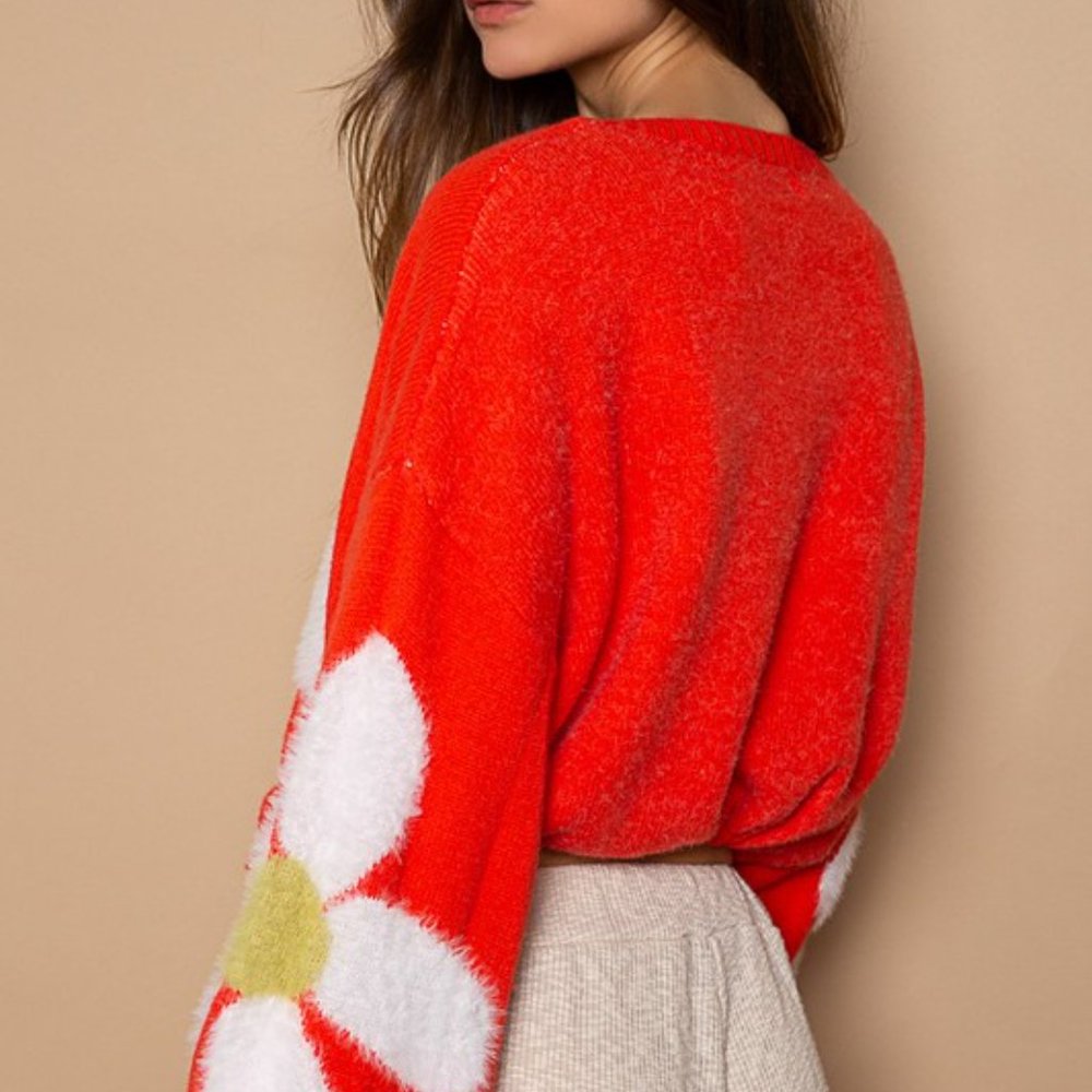 POL Red V-Neck Sweater with Floral Design - Picture 5 of 5